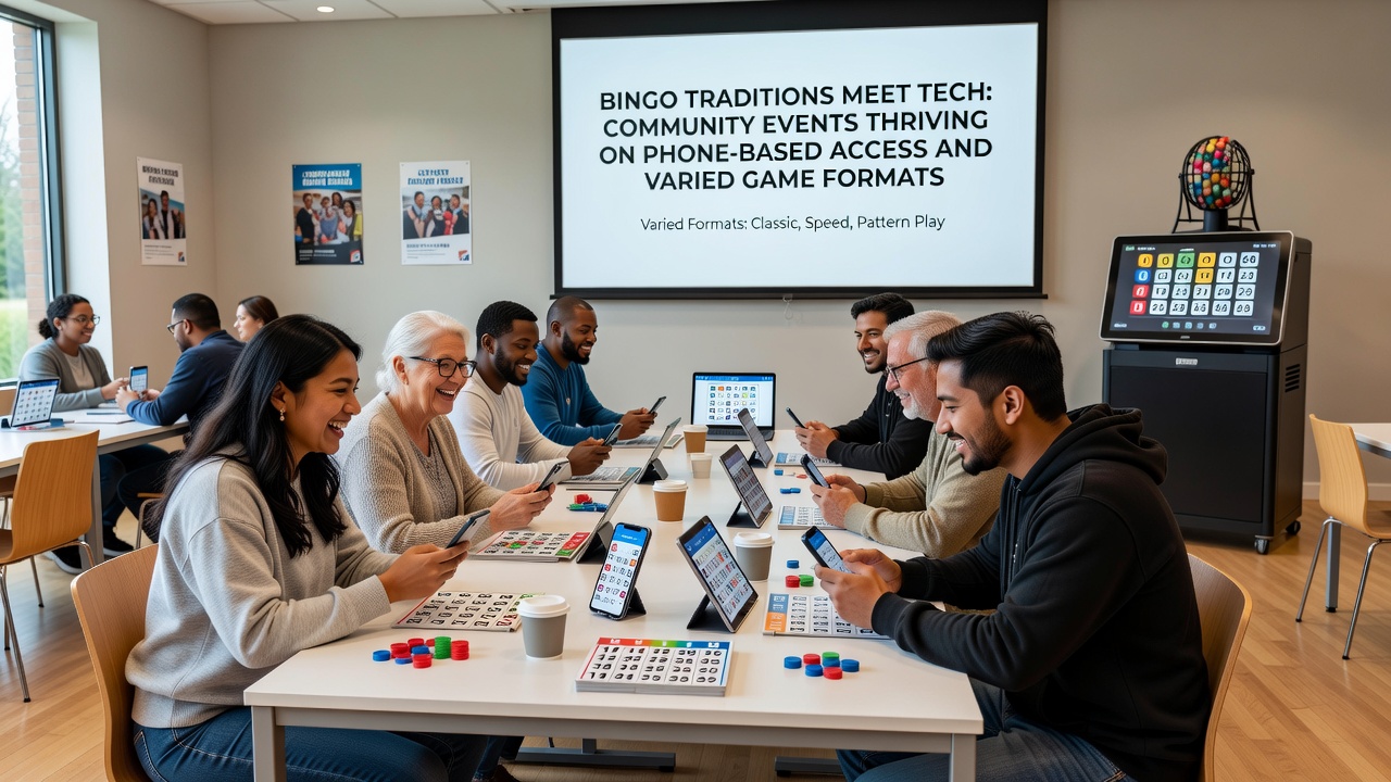 Players engaging with varied bingo formats on mobile devices during a community event