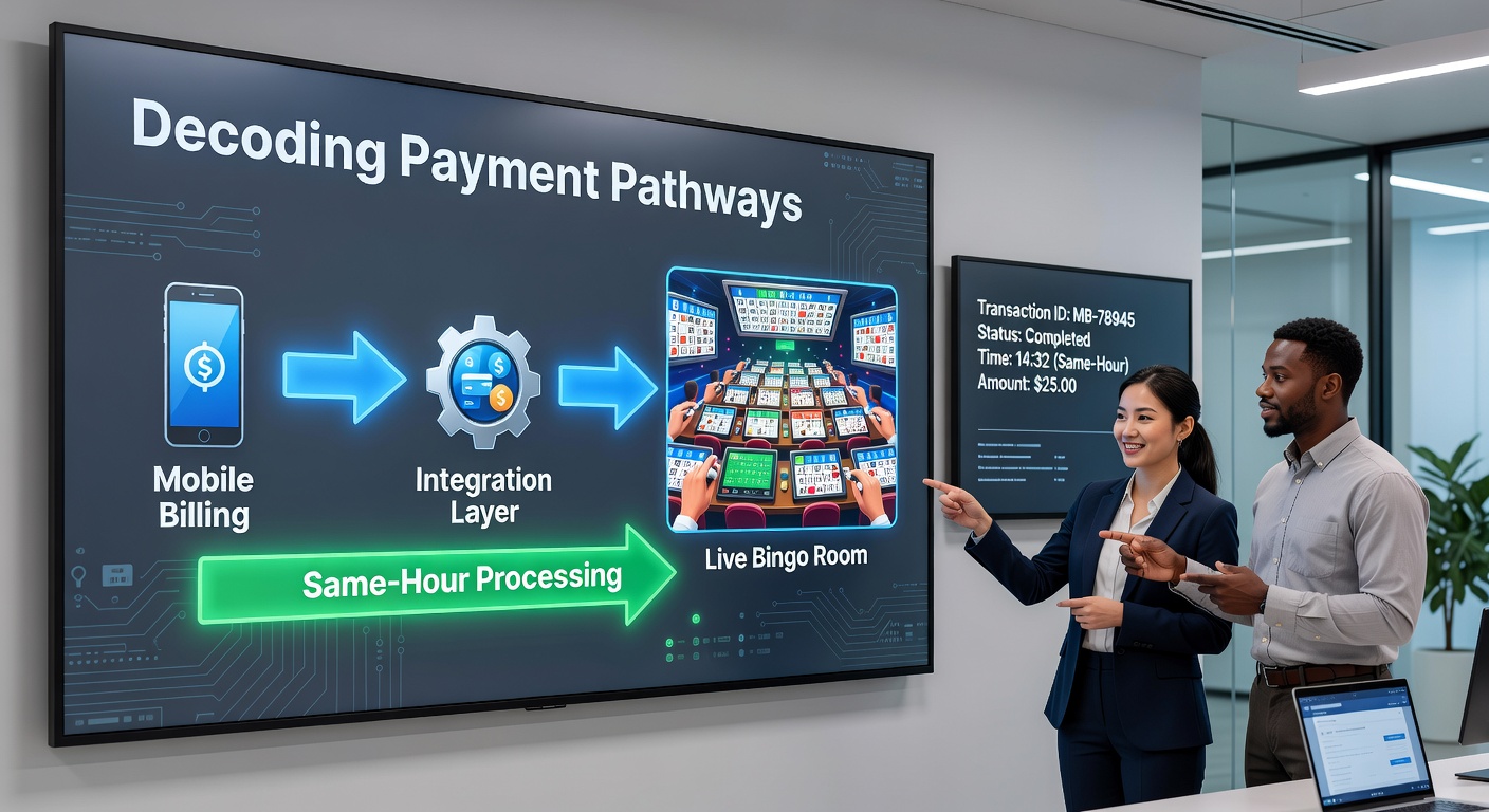 Diagram showing carrier billing flow into live bingo rooms and same-hour prize release timeline