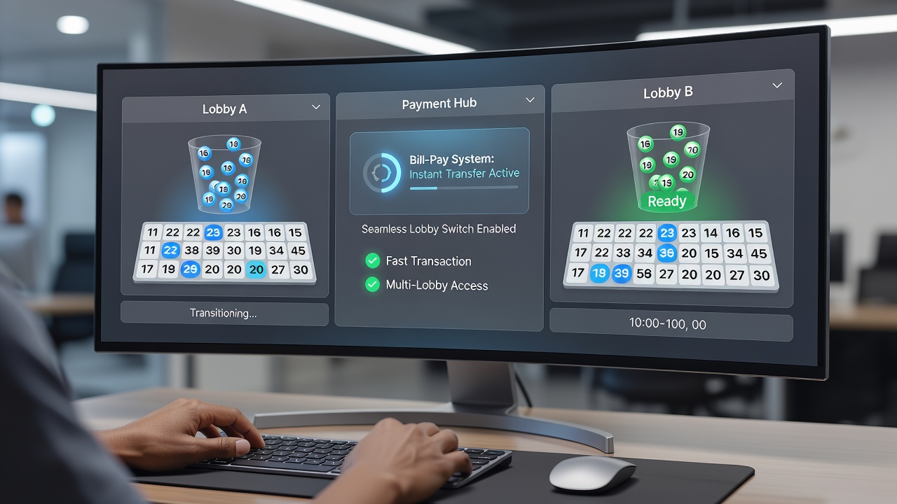Screenshot-style view of a mobile bingo interface showing lobby selection and bill-pay confirmation