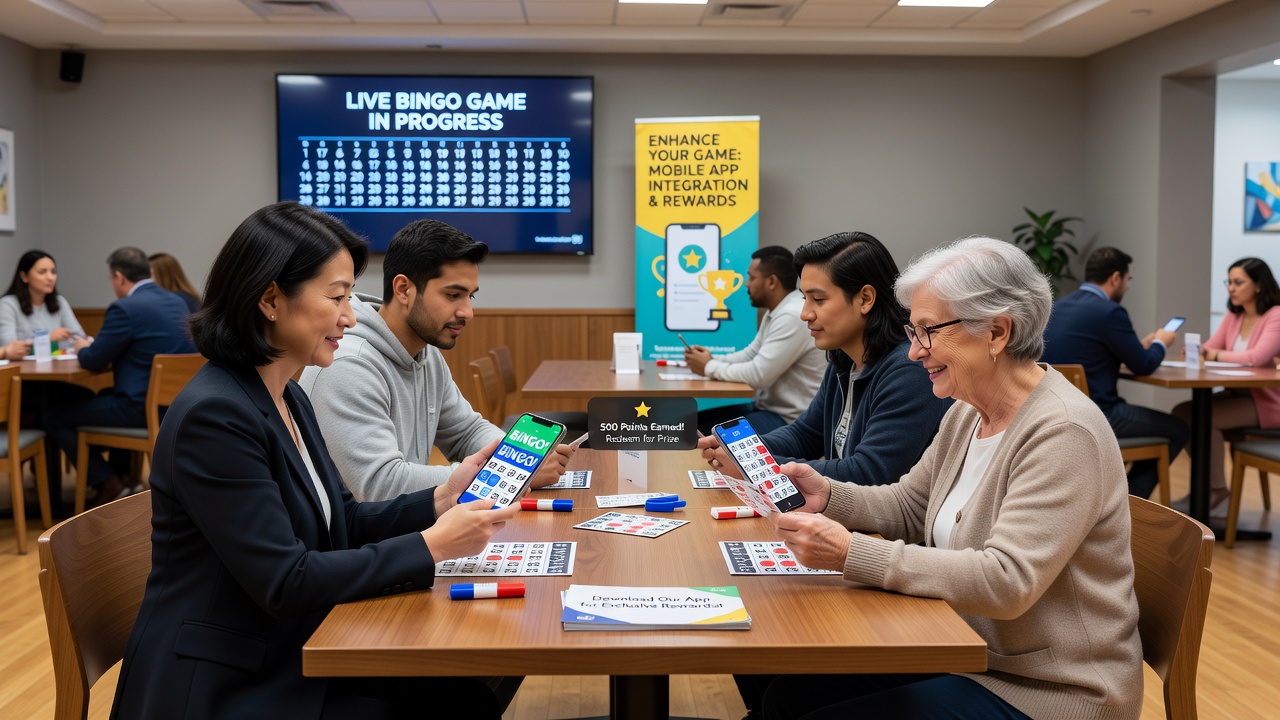 Players at a bingo hall interacting with reward notifications on their phones