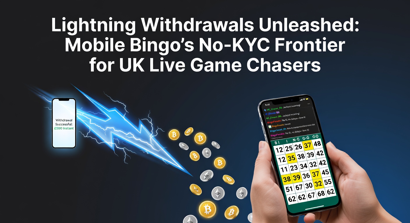 Screenshot of a no-KYC mobile bingo app showing a lightning withdrawal confirmation during an intense live game