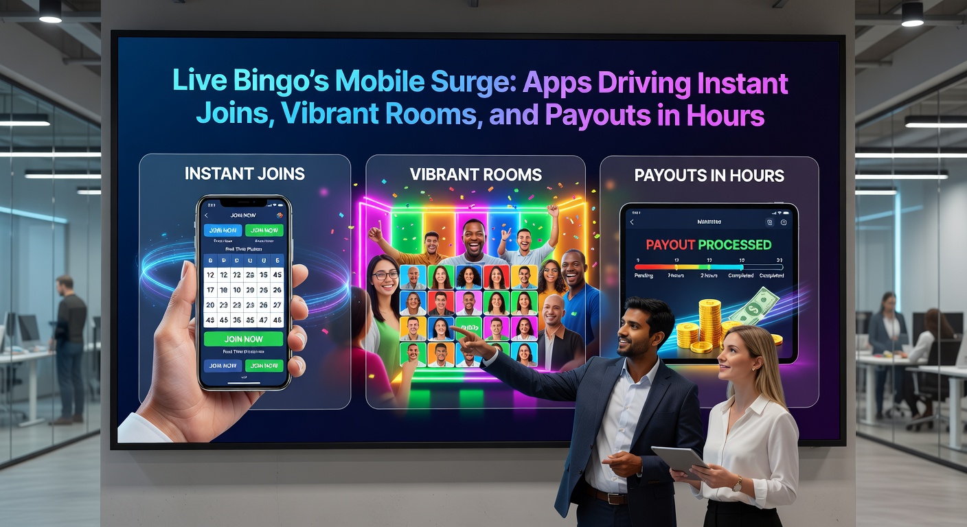 Group of diverse players on mobile devices interacting in a virtual bingo room, featuring animated hosts, emoji reactions, and jackpot counters ticking up