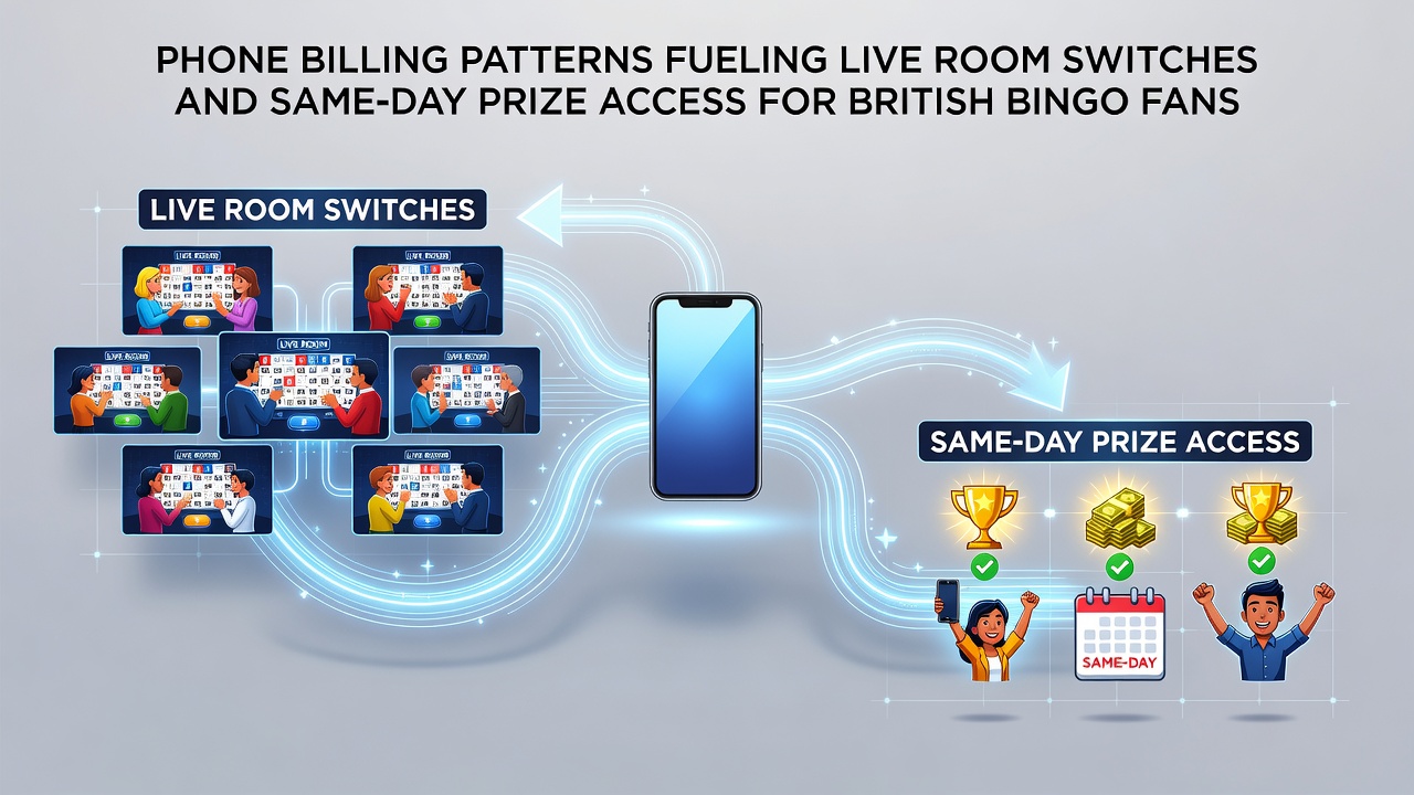 Live bingo interface showing quick room switches and same-day prize processing via phone billing