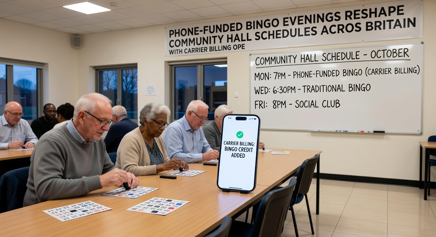 Bingo caller at a community hall podium with audience members using mobile devices