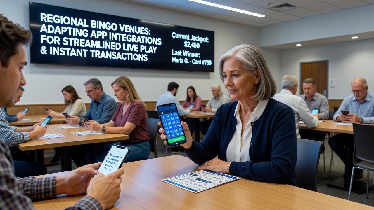 Close-up of mobile app interface showing bingo card and instant transaction confirmation in a venue setting