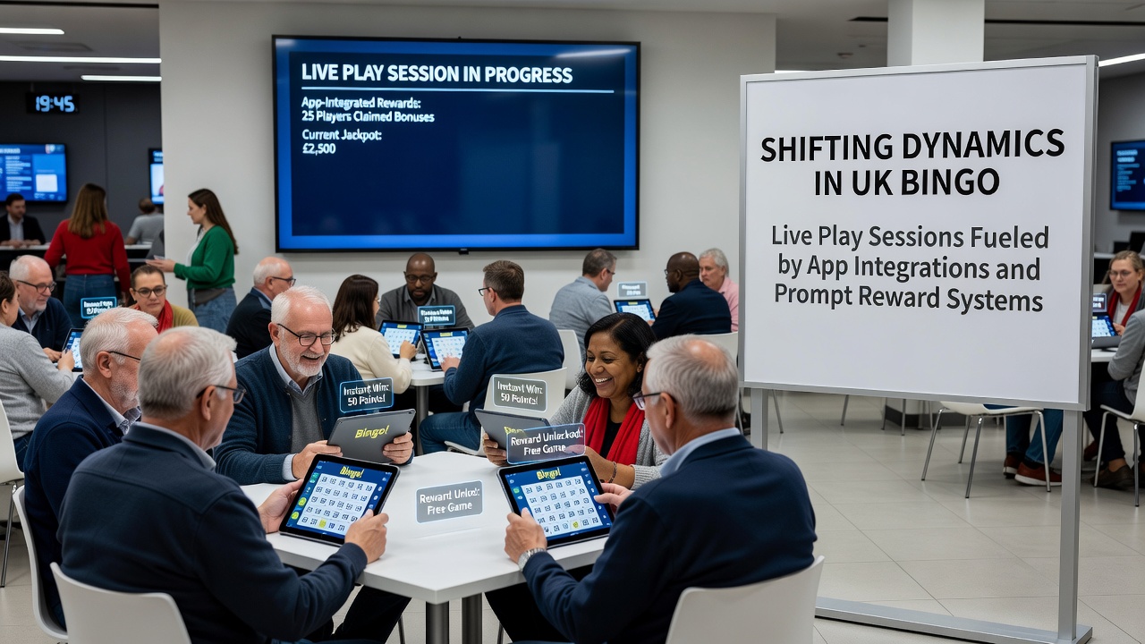 Live bingo hall scene showing players using apps for rewards during active sessions with visible notifications