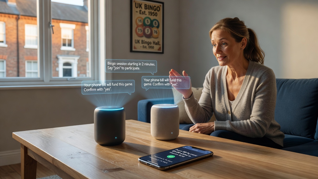 Close-up of smartphone screen displaying bingo payout confirmation and smart speaker in background