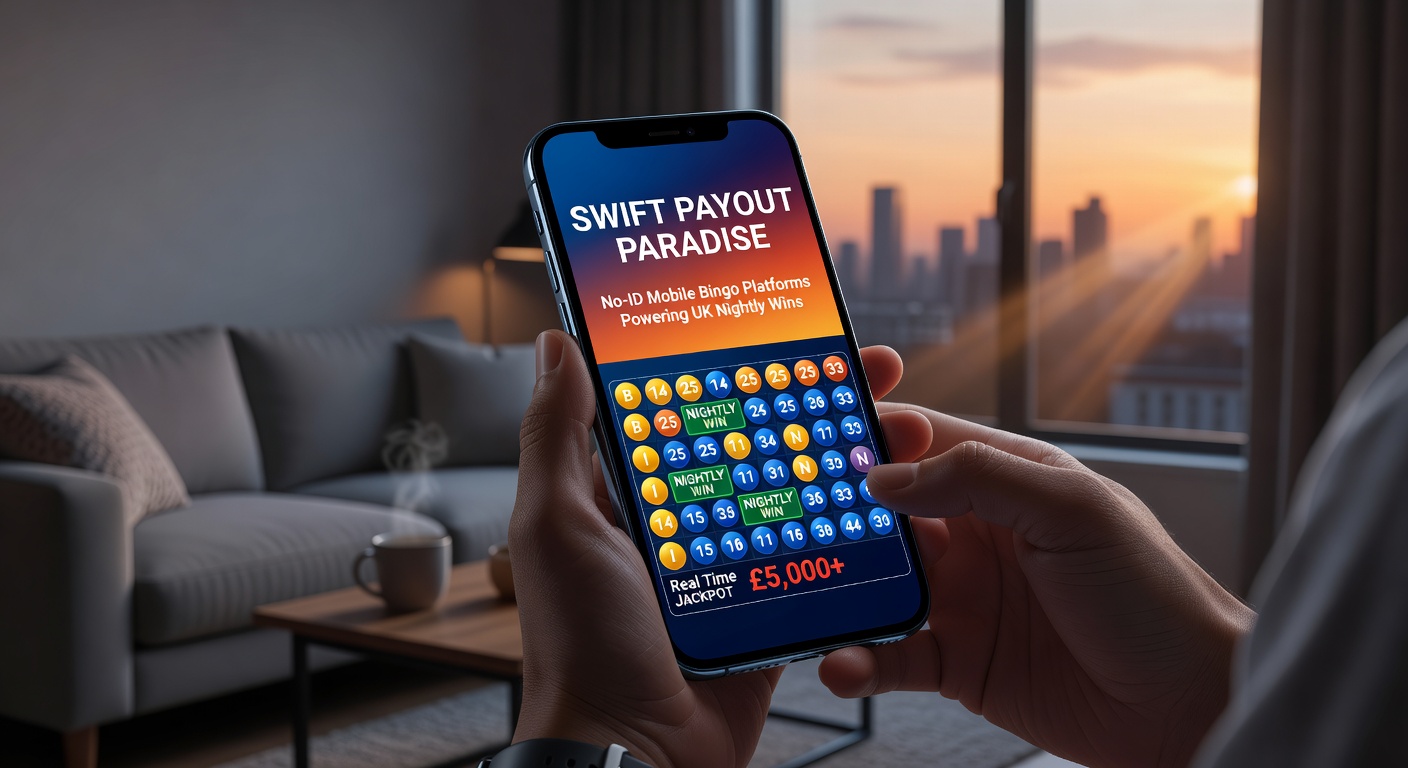 Illustration of a bingo card glowing with winning lines, surrounded by mobile payout icons and clock showing late-night wins