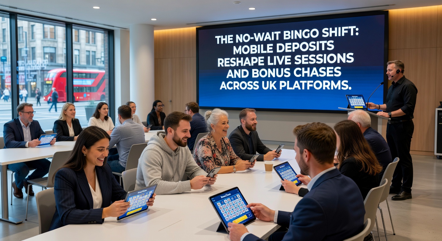 Dynamic graphic showing cascading bonuses triggered by mobile deposits in a bustling virtual bingo hall