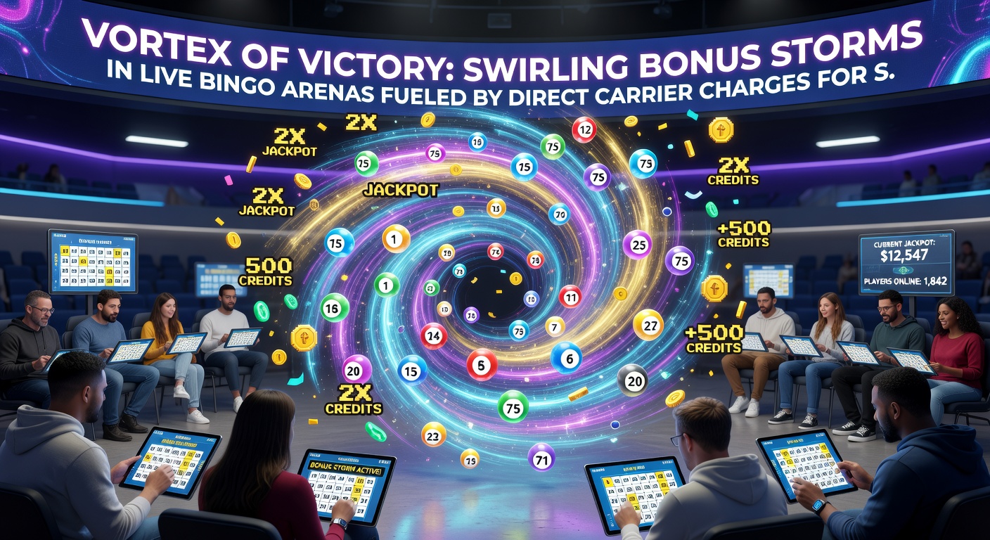 Close-up of mobile phone screen showing direct carrier charge confirmation during a live bingo vortex bonus storm, with swirling graphics and rising jackpot counter