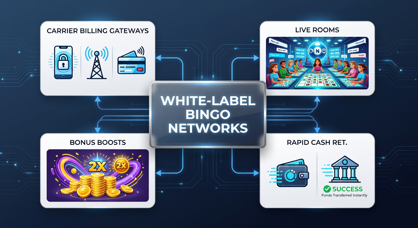 Dynamic graphic showing bonus multipliers exploding from carrier billing icons into crowded live bingo rooms with cashout arrows